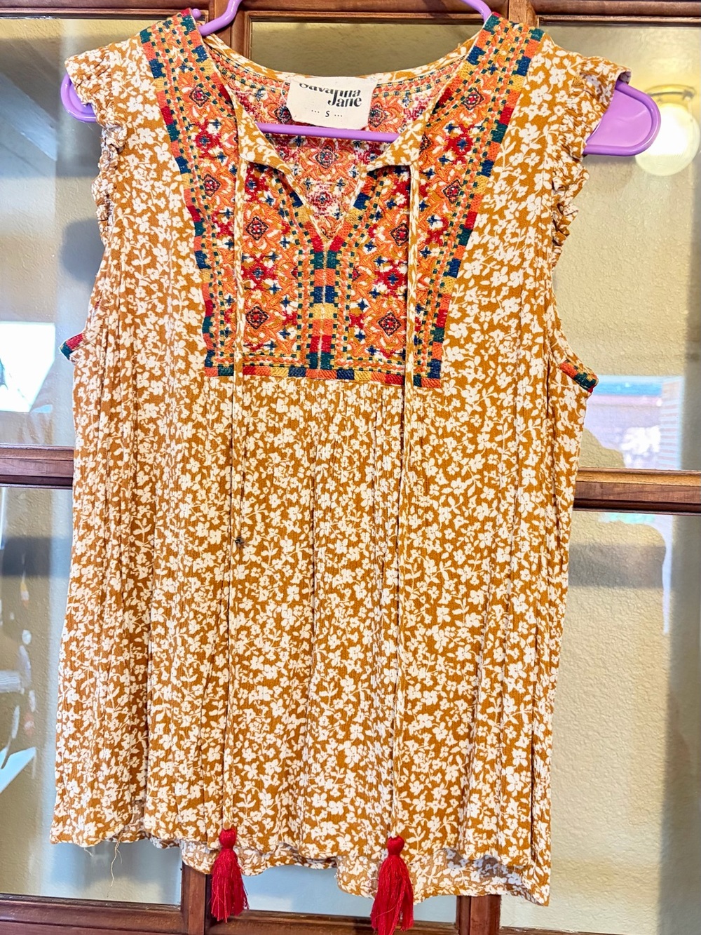 Savanna Jane Mustard Floral Embroidered Tassel Sleeveless Top